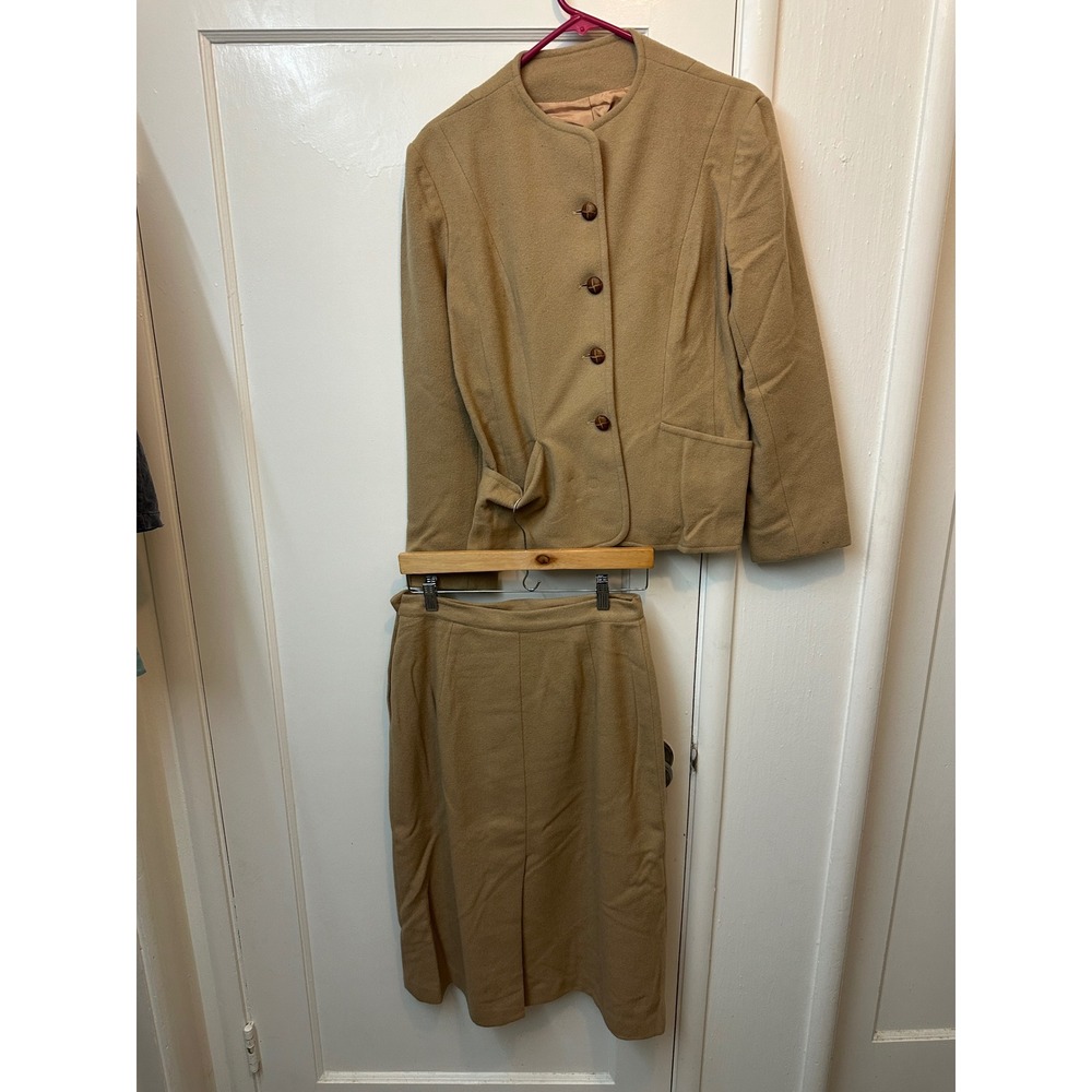 Vintage Camel Wool Skirt Suit Set Collarless Jacketโ Pencil Skirt Tan Size 12